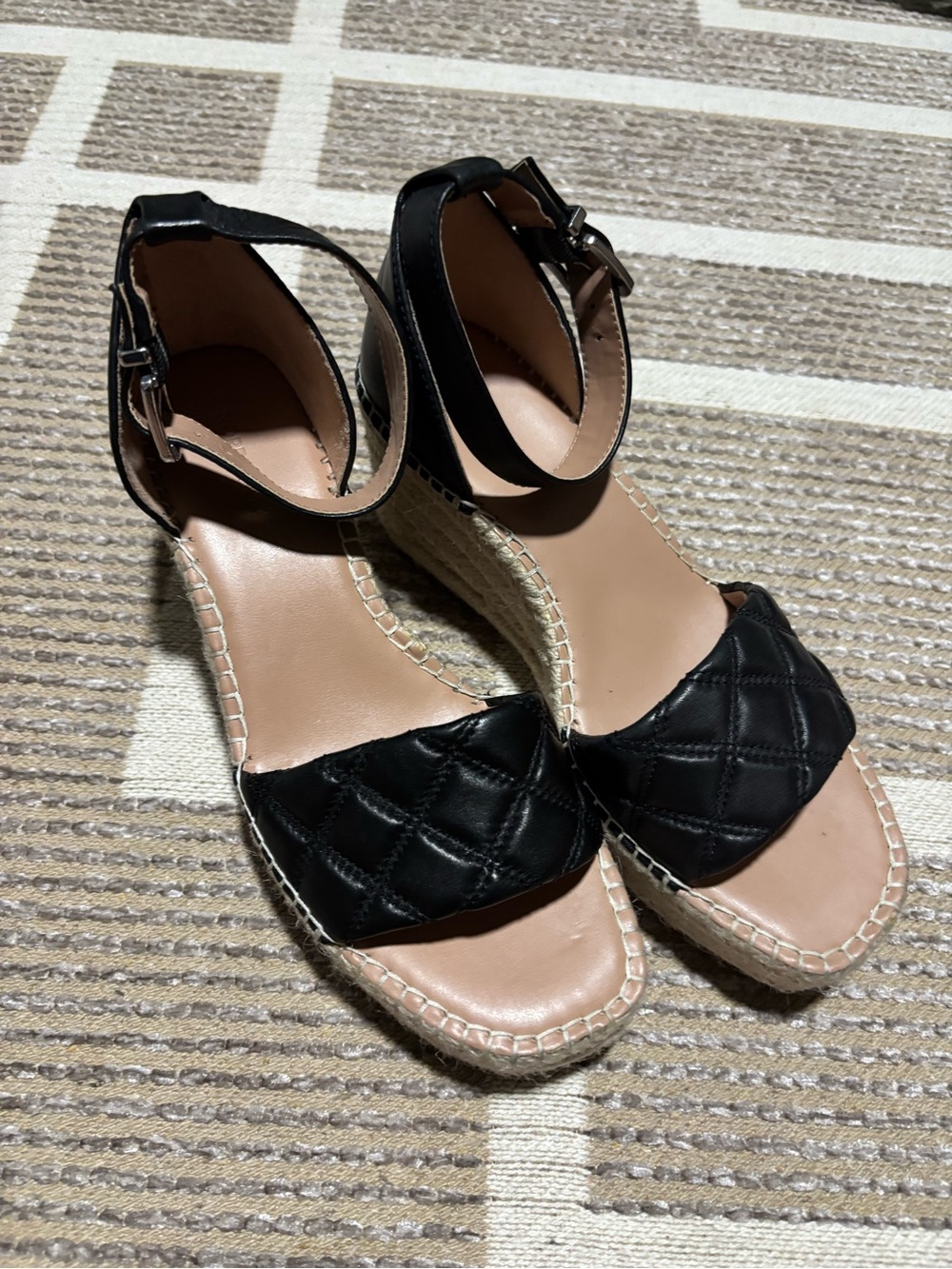 Nordstrom Black Quilted Espadrille Wedge Sandals with Ankle Strap